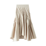 MQTIME  -  Elegant Pleated Long Skirts For Women Casual High Waist Asymmetrical Flared Skirts Solid Color Spring Summer Female Slim Skirts