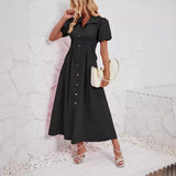 MQTIME  -  Rose Pink Maxi Dress Puff Sleeve Solid Color Button Down Dress Femme High Waist Summer Shirt Dress Basic Vestidos