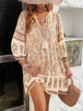 MQTIME  -  Women's Bohemian Printed Dress V Neck Chic Short Dress Loose Fit Viscose Holiday Dresses Femme Hippie Vestidos