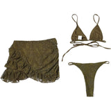 MQTIME  -  Women Sexy Lace Bikini 3 Piece Set Lace Up Bra Tops + Thong + Irregular Ruffle Hem Mini Skirts Beach Vacation Suit Clubwear