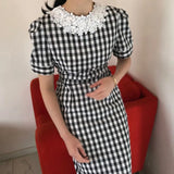 MQTIME  -   Korean Summmer Vintage Dress Elegant Ladies Lace Round Collar Short Sleeve High Waist Long Plaid Dresses Fashion Dress for Women