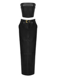 Mqtime Latest Fashion Star Style Designer Suit Set Women's Faux Leather Sleeveless Strapless Top Belt Long Skirt Suit