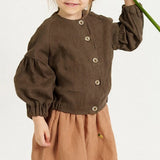 MQTIME  -  Retro Ramie Long-Sleeved Children's Cardigan Solid Color Button-Down Coat Autumn Winter Casual Lantern Sleeve Shirt Jacket