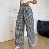  MQTIME  -  New High Waist Plaid Wide Leg Pants Women's Summer Casual Loose Walking Trousers Cross-Border Straight Cut Pants