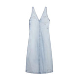  MQTIME  -  Vintage Women's Denim Halter Dress Sleeveless Perforated V-Neck Long Summer Dress for Ladies Holiday Fashion