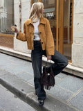 MQTIME  -  Casual Suede Brown Short Jacket Women Retro Solid Loose Single-breasted Full Sleeve Female Coat Chic High Street Lady Outerwears