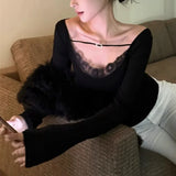 MQTIME  -  V-neck Strapless Lace Splicing Slim Long-sleeved T-shirt Women 2025 Spring New Korean Fashion All Match Black Tops