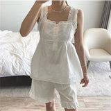 MQTIME  -  Palace style pure cotton wood ear suspender pajamas set summer new Korean ins sweet girl square neck home outfit
