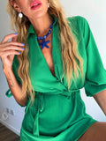 MQTIME  -  Summer Women Cotton Linen Short Dress Short Sleeve Lapel Solid Casual Dress Temperament Lacing Waist Slim Office Dress 2025