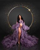 MQTIME  -  Luxury Purple Maternity Dress for Photoshoot Tiered Ruffles Baby Shower Gown Women V Neck Tulle Prom Dresses with Bow Sash
