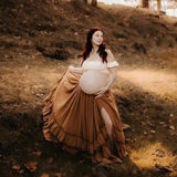 MQTIME  -  Bohemian Style Maternity Photography Two-Piece Set Knit Braided Cotton Three-Layer Lace Maxi Dress Pregnant Woman Clothing