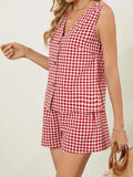 MQTIME  -  Stylish Women s 2-Piece Set with Plaid Print V-Neck Tank Top and Elastic Shorts Perfect for Club and Streetwear Fashion