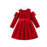 ﻿ MQTIME  -  Christmas Girls Dress Kids with Off-the-Shoulder Design Ruffled Gown Children's Winter Long-Sleeved Vestidos Kids Autumn Clothes