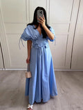 MQTIME  -  Blue 3D Flower Pleated Maxi Dress Women Elegant Drawstring V-neck Short Sleeve High Waist Party Dresses 2024 Summer Lady Robe