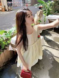 MQTIME  -  Korean Style Sweet Female College Students Dress Fashion Floral Patchwork Yellow Plaid Sundress Sleeveless Women's Tank Dresses