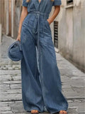MQTIME  -  Women's Short Sleeve Blue Jumpsuit Summer Original Creation Button Down Wide Leg Long Pants Rompers with Pockets