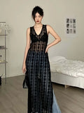 MQTIME  -  Sexy Vintage Lace Tank Dresses See Through Summer Women Sleeveless Mesh Maxi Dress Black Beach Cover Up Y2k Long Dress