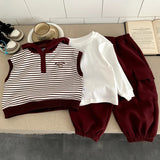 MQTIME  -  Boys Set Autumn Spring Korean Style Fashion Casual Sporty Striped Vest White Base Layer T-shirt Loose Pant Three Piece Set