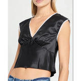 MQTIME  -  Women's Summer Bowknot Tied Front Deep V Neck Silky Vest Sleeveless Lace Trim Slimming Satin Silk Y2k Party Tank Tops