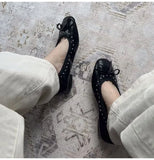  MQTIME  -  Vintage Rivet Bowknot Women Ballet Pumps Comfortable Soft Leather 3cm Thick Heeled Lazy Loafers Spring Summer Casual Girls Shoes