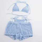 MQTIME  -  Women Solid Vacation Beach 2 Piece Set Lace Up Bra + Briefs + Shorts Summer Holiday Bikini Suits Night Clubwear Outfits