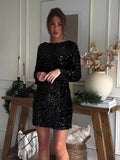 Mqtime Fashion Backless Black Sequin Mini Dress Women Elegant O-neck Long Sleeve Short Dresses Female Solid Shiny Party Evening Robe