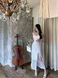 MQTIME  -  Elegant Sheer Mesh Sexy Maxi Dress For Women White See Through Spaghetti Strap Sleeveless Thigh High Split Long Dress