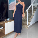 MQTIME  -  Color Blocking Lady Halter Slim A-line Dress Casual Streetwear Side Split Long Dress New Summer Hollow Out Backless Party Dress