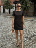  MQTIME  -  Women Vintage Black Short Puff Sleeve Dress Slim A-Line Mini Dress Fashion Summer Casual Basics Office Lady Chic Dresses