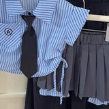 MQTIME  -  Children's Clothing Suit Summer Girl Campus Fashionable Stripe Flying Sleeve Shirt Top+ Irregular Short Skirt School Uniform