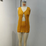 MQTIME  -  Fashion Sequins Slim Vacation Outfit Hot Girl Solid V-neck See-through Set Sexy Knitted Hollow Out Cardigans&Mini Skirts 2 Piece