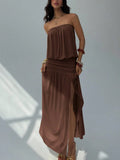 MQTIME  -  Summer fashion casual new pleated design slit dress beach vacation style backless strapless temperament dress
