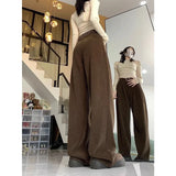 Mqtime Vintage Corduroy Loose Casual Straight Pants Women Autumn New High Waist Solid Color All Match Wide Leg Pants with Belt