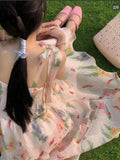 Mqtime Summer Sweet Printed Floral Cake Dress Women Elegant Strap Ruffles Evening Party Dress Female Korean Chic Holiday Vestidos