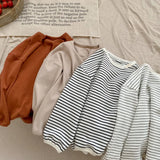  MQTIME  -  Spring Kids Basic Tee Unisex Striped Long Sleeve T-Shirt Soft Cotton Round Neck Casual Top