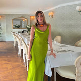  MQTIME  -  Chic Satin Slip Long Dress For Women Cowl-neck Sleeveless Side Split Hip Package Robe Summer Elegant Female Party Dresses