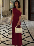 MQTIME  -  Women Navy Blue Asymmetrical One Shoulder Maxi Dress Elegant Chic  Formal Evening Gown Women's Wedding Party Long Dresses