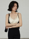 MQTIME  -  Elegant Satin Crop Top Women Black White Contrast Patchwork Backless Camis Office Lady V-neck Casual Halter Tops Summer