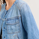 MQTIME  -  Autumn New Women's Slim Fit Short Style Collarless Long Sleeved Denim Jacket with Multiple Pockets Workwear Jacket