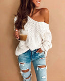 MQTIME  -  Women Fashion Pullovers V Neck Full Sleeve Loose Fit Jumpers Solid Color White Knitwear Soft Velvet Sweaters