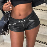 MQTIME  -  Faux Leather Mini Shorts Women Black Button Detail Zipper Pockets Low Rise Casual Going Out Club Party Night Out Outfit