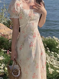 MQTIME  -  2024 Summer Elegant Puff Sleeve France Dress Female High Waist Slim Floral Print Holiday Midi Dress Women One Piece Beach Dress