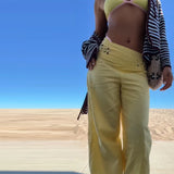 MQTIME  -  Casual Yellow Floral Wide Leg Pants For Women Trend Low Waist Flowy Loose Fit Trousers Spring Summer Vacation Streetwear