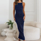 MQTIME  -  Elegant Solid Ribbed Textured Bodycon Strap Long Dress Square Neck Sleeveless Slim Fit Minimalist Dresses Lady Party Gown