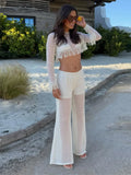 MQTIME  -  See Through Women's Pant Suit Two Piece Set Sexy Tassel  Patchwork Full Sleeve Tank Top Wide Leg Pants Female Sets Beach Outfit