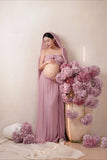 MQTIME  -  Women Maternity Dress for Photoshoot Elegant Pink Top with Long Skirt 2pcs Suit Pregnancy Dresses for Studio Photography Shoot