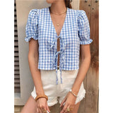  MQTIME  -  Women's Gingham Crop Top Puff Sleeve V-Neck Tie Front Blouse Summer Shirt With Elastic Cuffs