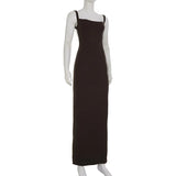 MQTIME  -  Elegant Backless Maxi Dress Women Brown Cowl Neck Sleeveless Bodycon Floor Length Evening Party Vacation Resort Fashion Gown