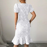 MQTIME  -  Commuting Solid Color Mid Dress Elegant Lady Short Sleeve O Neck Party Dress Sexy Slim High Waist Wrap Hips Dress Women