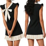 MQTIME  -  Women Polka Dot Print Patchwork OL Mini Dress Summer Y2k Elegant Flying Sleeve V Neck Pleated Hem Short A-line Dress